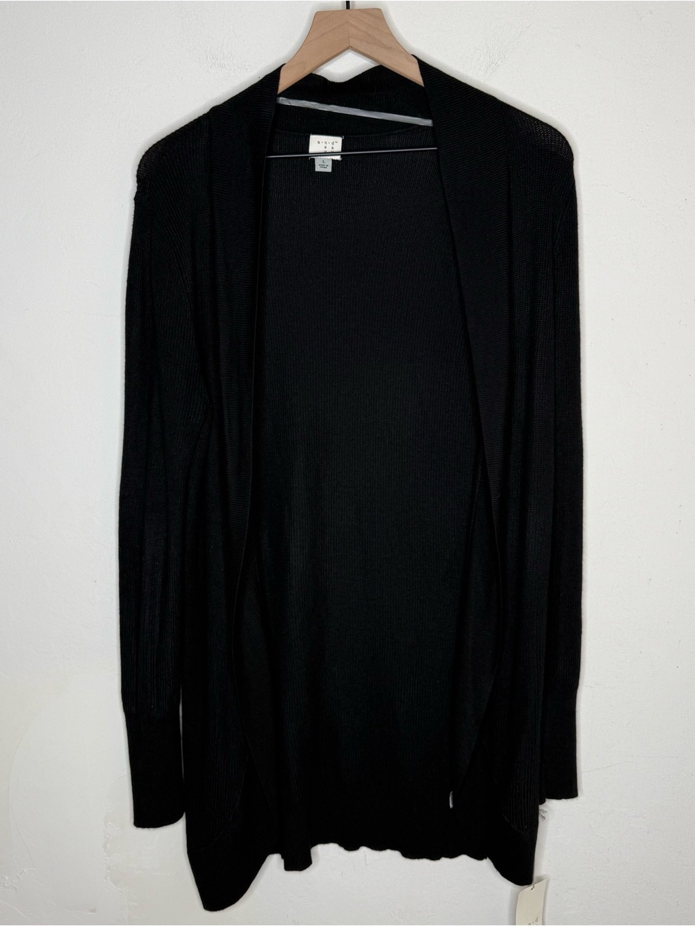 A New Day Black Open Front Cardigan Sweater Size L Lightweight Duster Layer